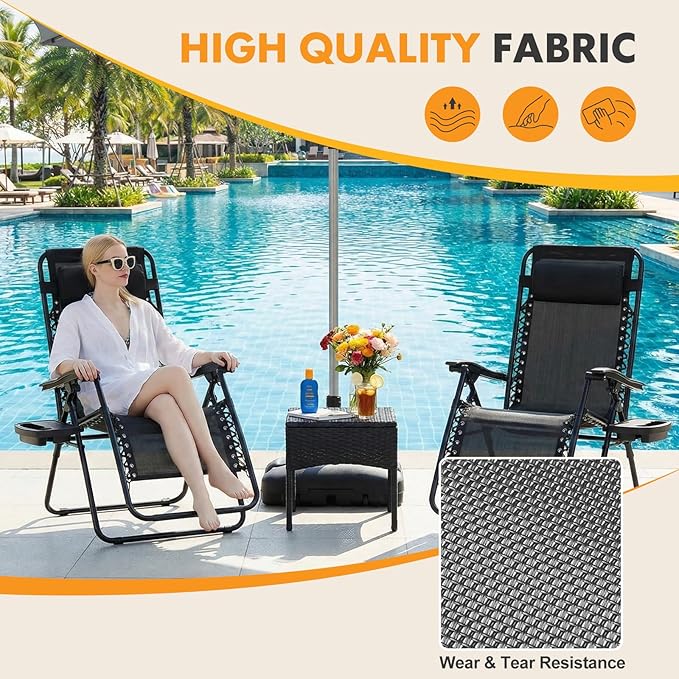 NEWBULIG Zero Gravity Chair Set of 2, Lounge Chair Folding Portable Adjustable Camping Reclining Chairs with Adjustable Pollow, Mesh Back, Cup Holder Trays Lawn Patio Chair for Pool Beach - Black