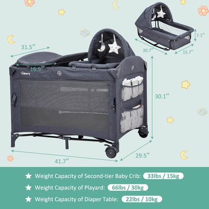 5 in 1 Pack and Play Bedside Sleeper with Bassinet, Diaper Changer & Hanging Toy, Portable Crib Nursery Center for Newborns to Toddlers, Grey