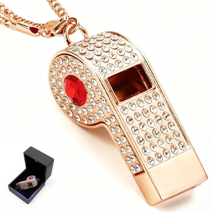 PCTC Shining Whistle,Crystal-Encrusted Metal Whistle with Decorative Chain Great for Referees, Coaches Party and Gift Accessory[Gold Exterior] (Red)