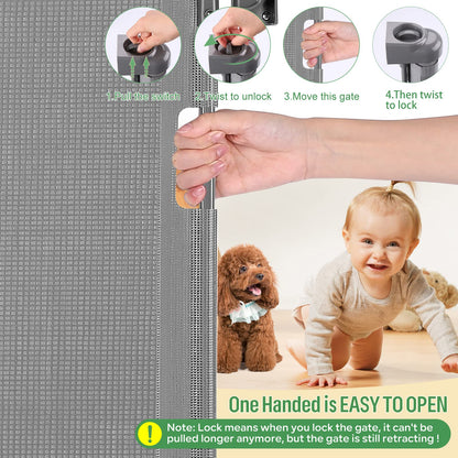 MYPIN Extra Wide Retractable Dog and Baby Gates - Indoor/Outdoor Stair Gates for Stairways, Hallways, Doorways (Grey, 140 X 86 CM)