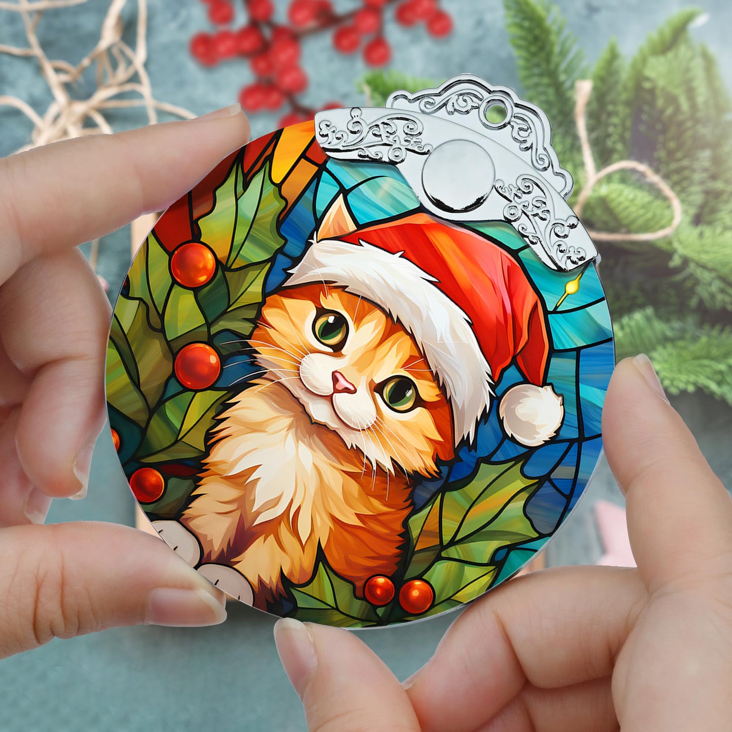 Cat Christmas Ornament, Jocidea Stained Glass Ornaments for Christmas Tree, Christmas Tree Decorations, Cat Lovers Gifts, Holiday Decor and Xmas Gifts Ideas