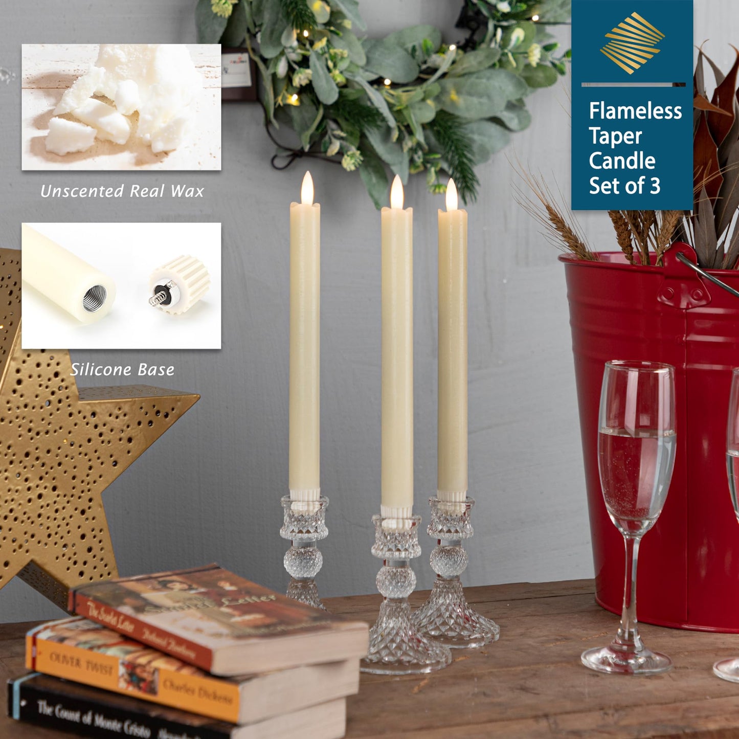 SEHNSY Flameless Taper Candles with Remote, Real Wax Battery Operated LED Candles with 3D Flickering Flame, 9.6" 3PCS Ivory Realistic Dripless Candlesticks for Home Wedding Decor, Mother's Day Gifts