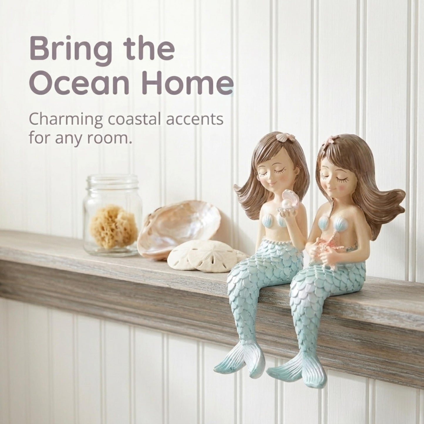 The Bridge Collection Set of 2 Mermaid Shelf Sitters – Cute Coastal Mermaid Figurines Designed for Shelf and Counter Edges – Adorable Nautical Beach House Decor