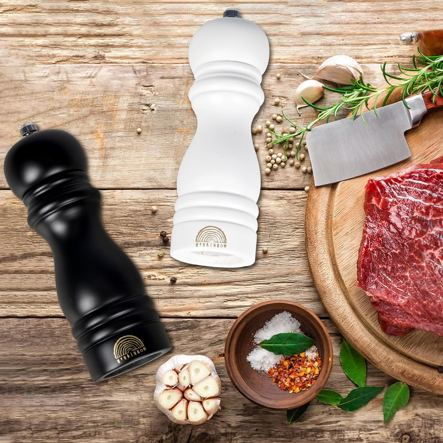 Salt and Pepper Grinder Set - Adjustable Wooden Grinders, White Salt and Pepper Mills, Refillable Salt and Pepper Shakers with Adjustable Coarseness, 7 Inch for Kitchen (Set of 2)