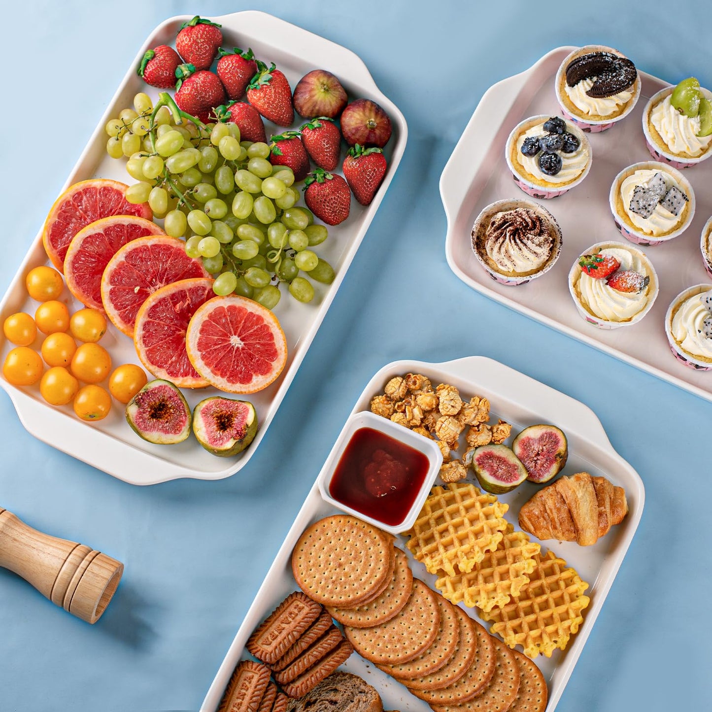 Dizada Large Serving Platter with Handles 16"x9" - White Porcelain Serving Trays Set of 3, Rectangular Platters for Entertaining, Party, Appetizer, Charcuterie