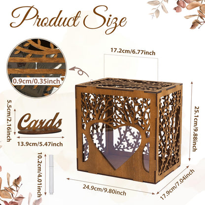 OurWarm Wedding Card Box with Acrylic Window, Wooden Gift Card Box for Wedding Decorations for Reception, Rustic Brown Wood Money Keepsake Boxes for Wedding Decor Baby Shower Birthday Graduation Party