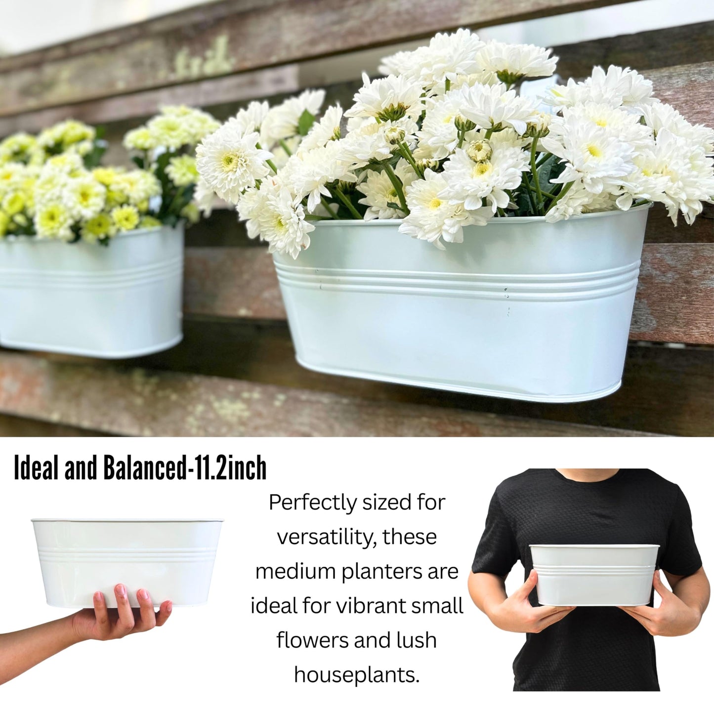 LaLaGreen Rail Planters for Outdoor (6 Pack, 11.2 Inch) White Metal Iron Hanging Flower Pots, Deck Railing Strawberry Planter Fence Bucket Wall Mount Window Box Plant Holder with Hooks Porch Decor