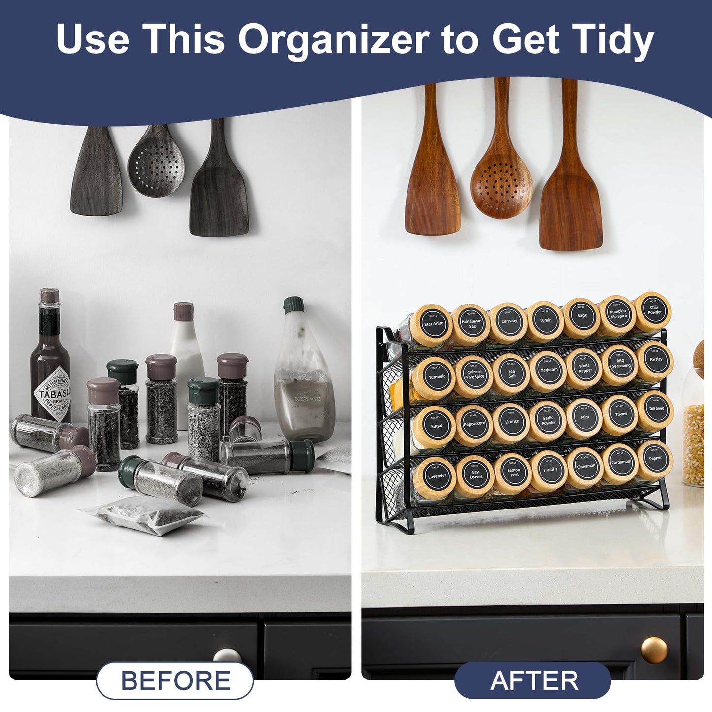 AOZITA Spice Rack Organizer for Cabinet, Spice Organizer with 28 Empty Spice Jars with Black Lids, Funnel, Spice Labels, Seasoning Organizer for Countertop, Cabinet, Kitchen, Pantry, Cupboard