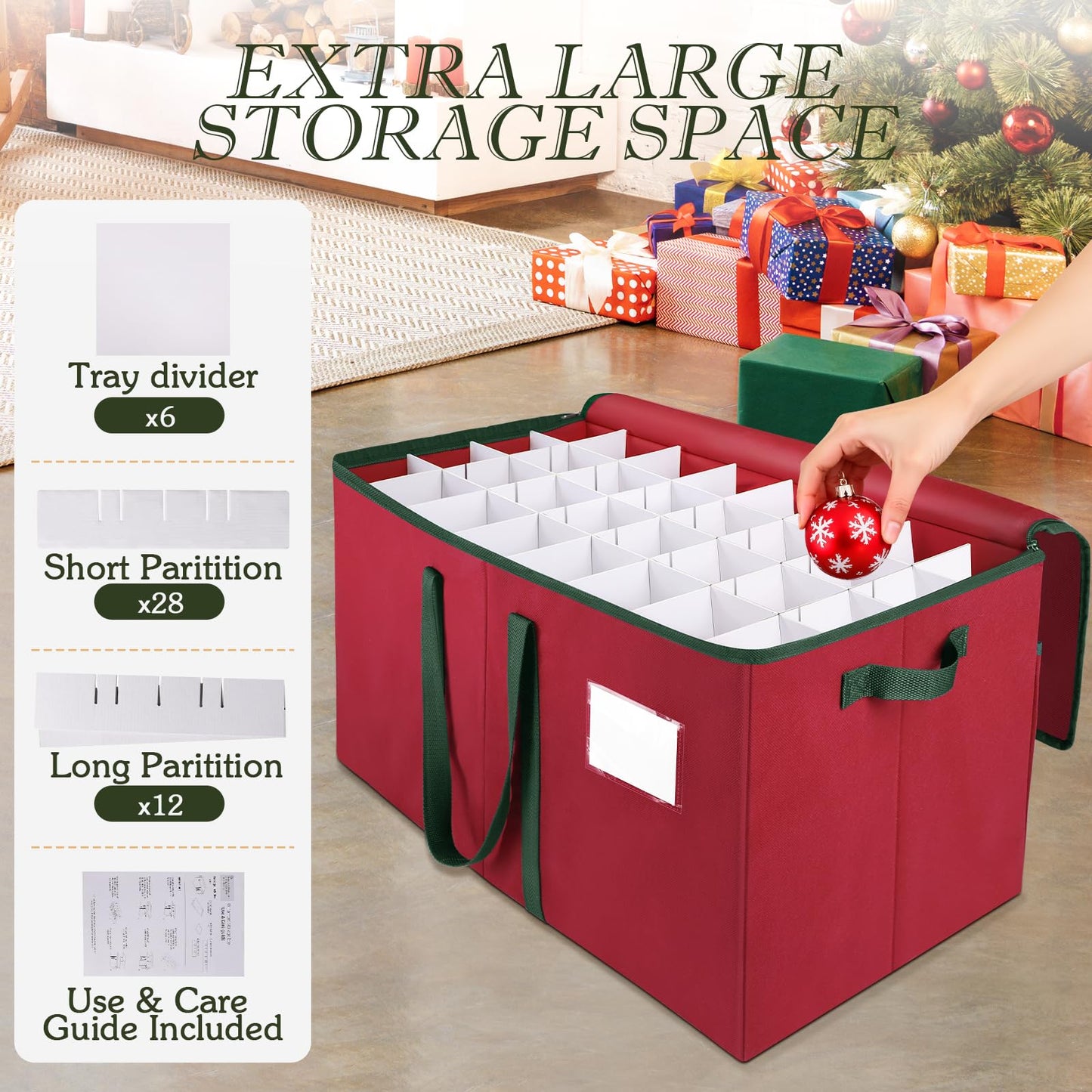 RoomHacks Christmas Ornament Storage Box, Store Up to 128 Ornaments, Durable Christmas Storage Container, Dual Zipper & Adjustable, Large Organizer Bin to Protect and Store Holiday Ornaments(Red)