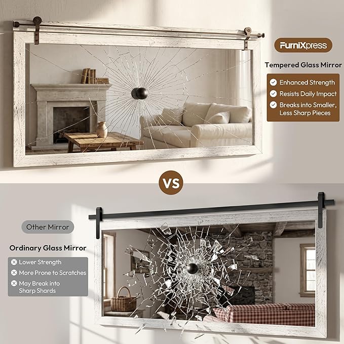 27"x49" Large Whitewashed Barn Door Wall Mirror, Horizontal Solid Wood Framed