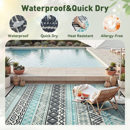 MontVoo Outdoor Rug Carpet Waterproof-Patio Rug Mat 10x14 Reversible RV Outdoor Camping Rugs Picnic Beach Mats Plastic Straw Outside Rugs for Balcony Porch Pool Deck Boho Patio Decor