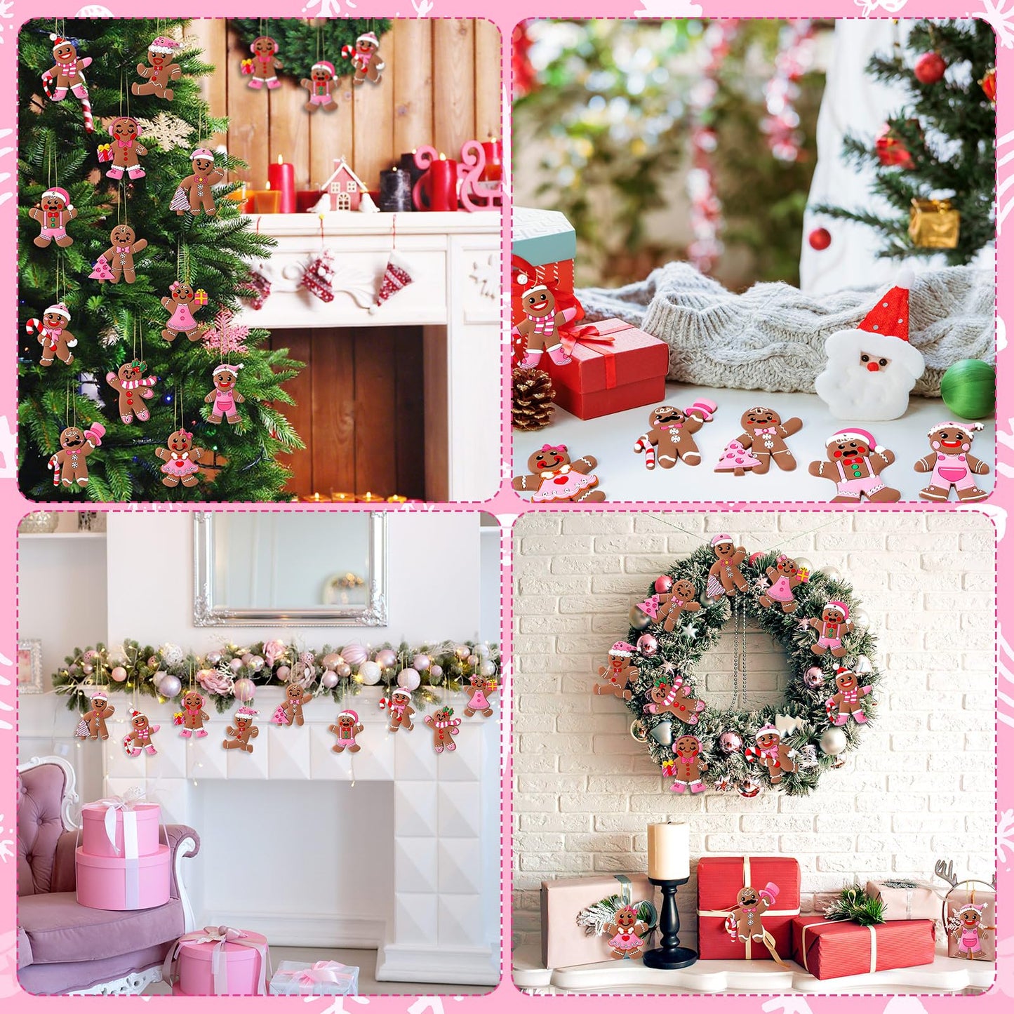Lunmon 36 Pcs Gingerbread Christmas Ornaments PVC Pastel Pink Gingerbread Man Ornaments Candy Cane Tree Decorations Cute Xmas Hanging Cutout Christmas Decorations for Tree Home Indoor Party (Girly)