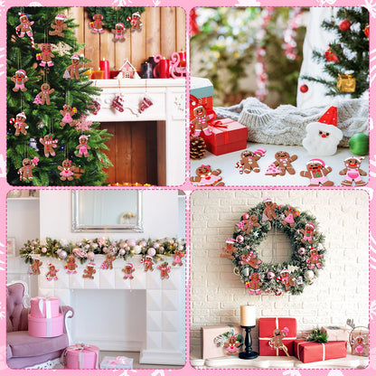 Lunmon 36 Pcs Gingerbread Christmas Ornaments PVC Pastel Pink Gingerbread Man Ornaments Candy Cane Tree Decorations Cute Xmas Hanging Cutout Christmas Decorations for Tree Home Indoor Party (Girly)