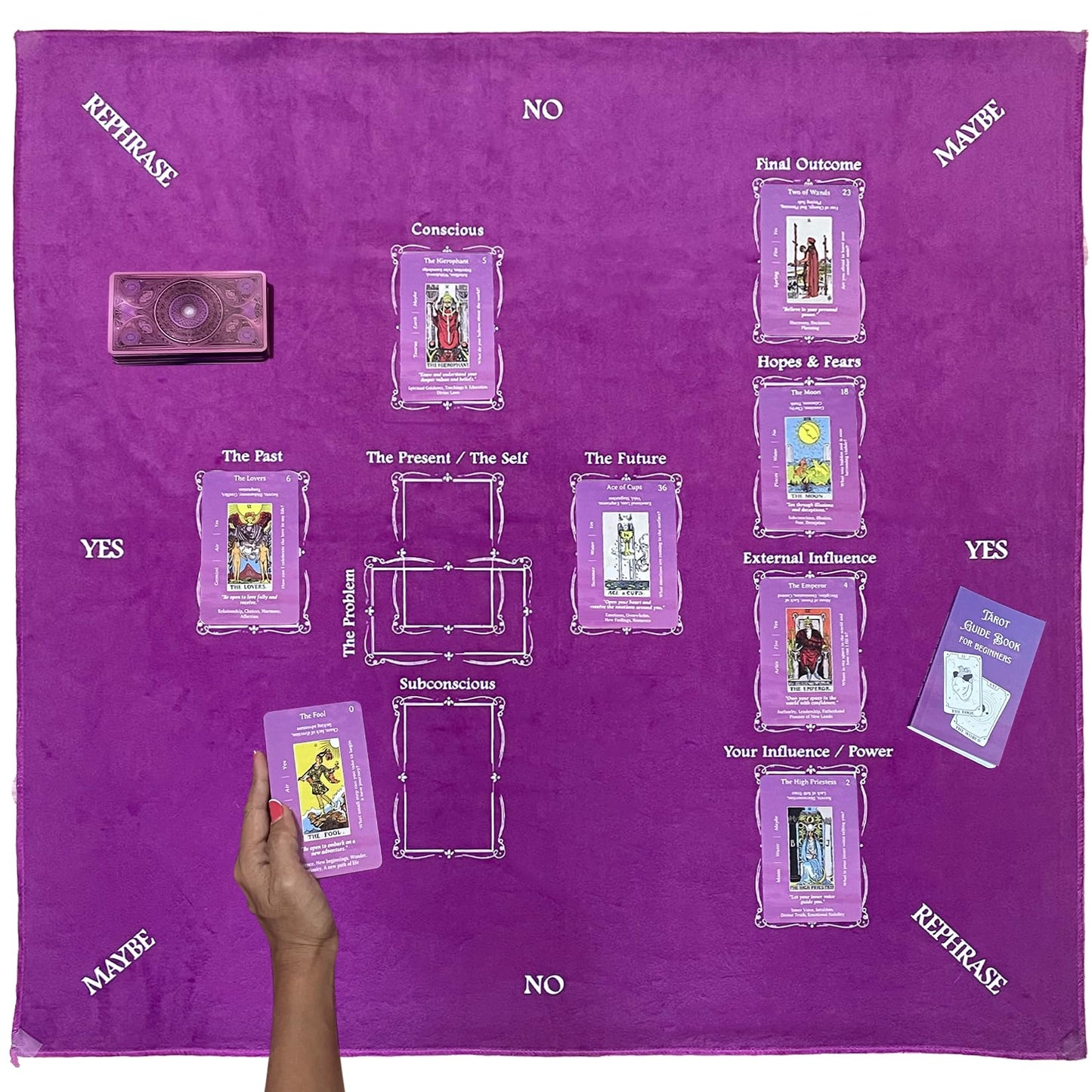 Purple Velvet Tarot Cloth for Reading 27x27 - Tarot Mat with Celtic Cross Spread Guide, Pendulum Mat & Divination Altar Tablecloth, Witchcraft & Crystal Ritual Pouch Included