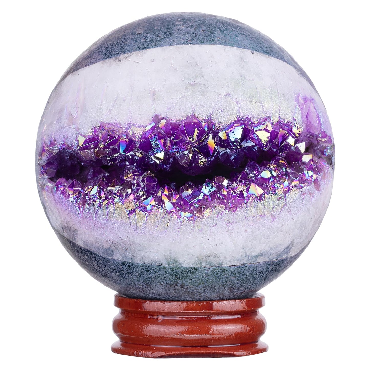 Sportmusies Titanium Coated Rock Crystal Geode Ball with Wooden Stand, Druzy Quartz Stone Cluster Sphere Reiki Home Office Decoration, Purple