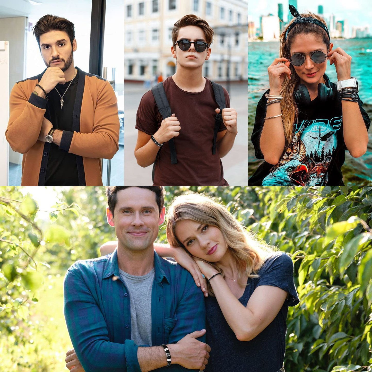LOWNOUR Black Leather Bracelets for Men Women 5pcs Mens Bracelet Leather and Steel Braided Cuff Bracelets (7.5inch)