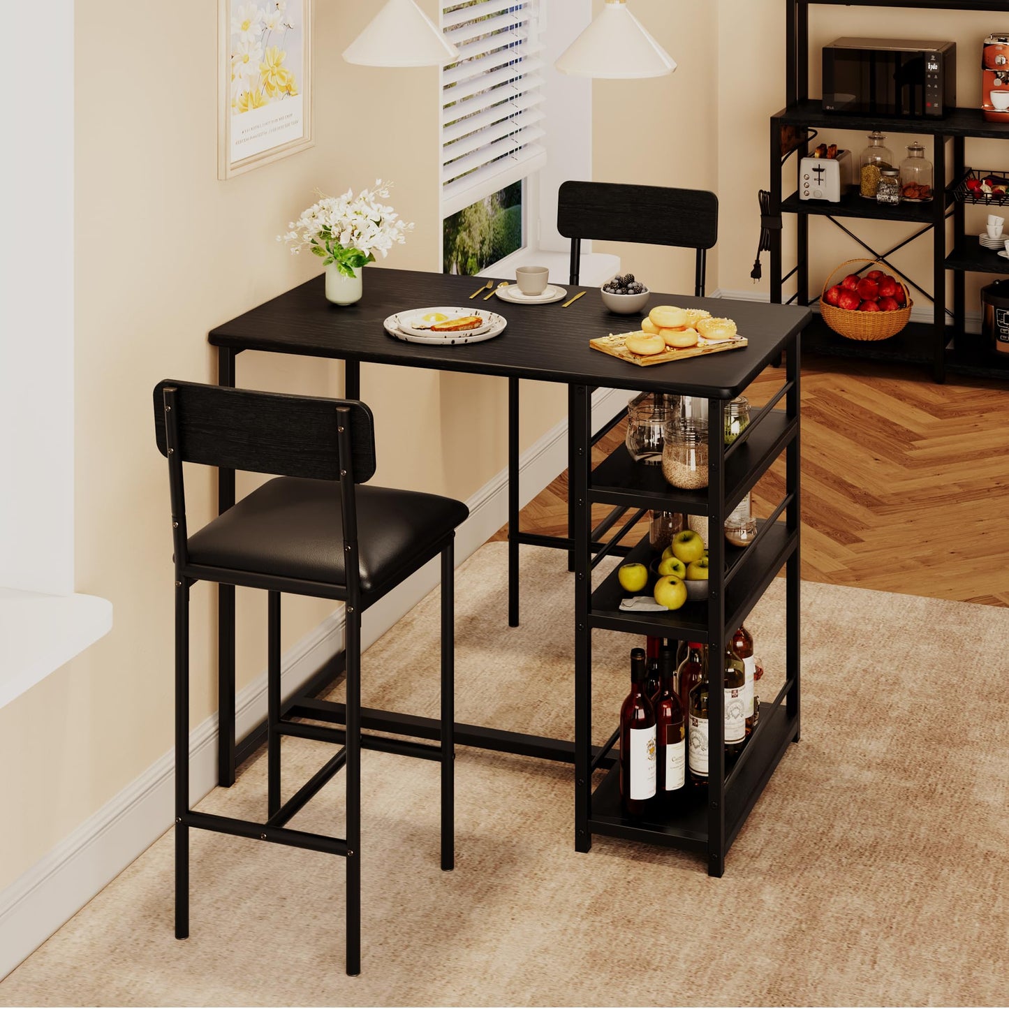CABIHOME Dining Table Set for 2, Kitchen Table and Upholstered Chairs for 2, 3 Piece Counter Height Bar Table Set with 3 Large Storage Shelves for Small Space, Apartment, Studio, Rustic Black