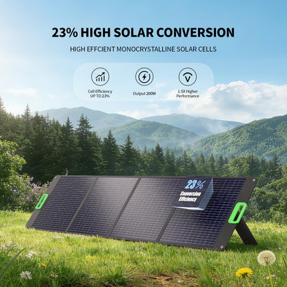 200W High Efficiency ETFE Foldable Solar Panel for Portable Power Station, IP65 Waterproof Solar Charger with Kickstands, DC XT60 & Anderson Outputs for Outdoor RV Camping Emergency Blackout