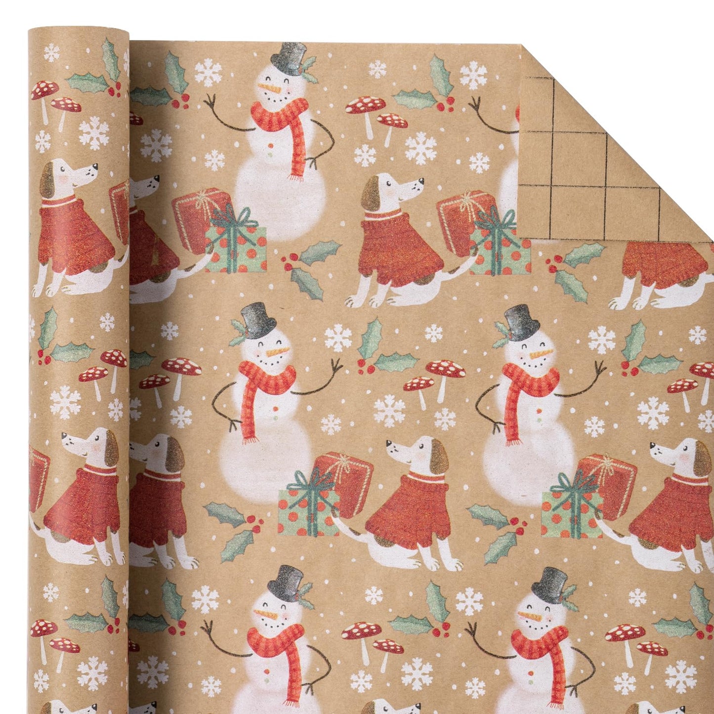WRAPAHOLIC Kraft Christmas Wrapping Paper - Mini Roll - 17 Inch x 33 Feet - Snowman and Christmas Dog Wrapping Paper for Holiday, Party Celebration