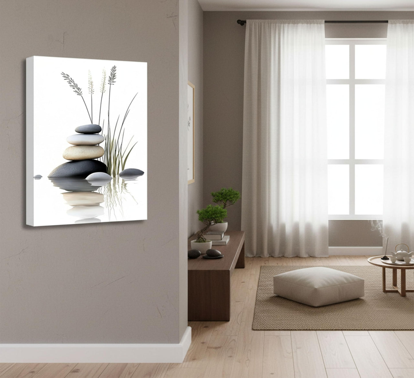 Zen Stone Canvas Wall Art Stacked Stones in Water with Grasses Painting Picture Wall Decor Poster Print Suitable for Yoga Meditation Room Bathroom Bedroom Study Home Decoration