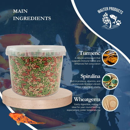Walters Variety Sticks (5L Tub) | Pond Fish Food for Goldfish, Koi and all Cold Water Pond Fish | Nutritional Floating Fish Food Pond Sticks in Stay Fresh EasyTubs and Refill Bags