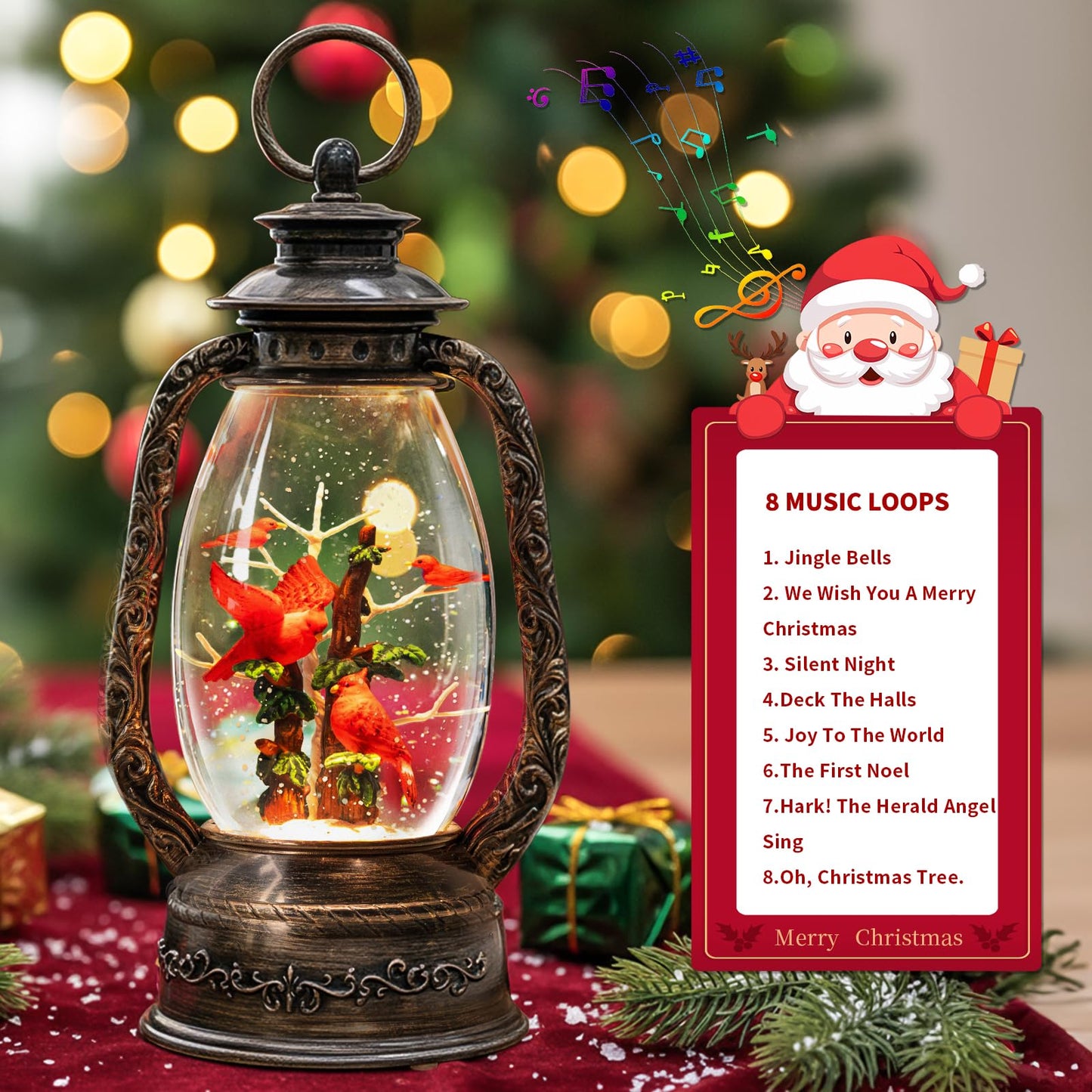 12" Christmas Snow Globe Lantern, Red Bird Music Box, Spinning Snowflake Glitter Water Lamp, USB and Battery Powered Christmas Decoration