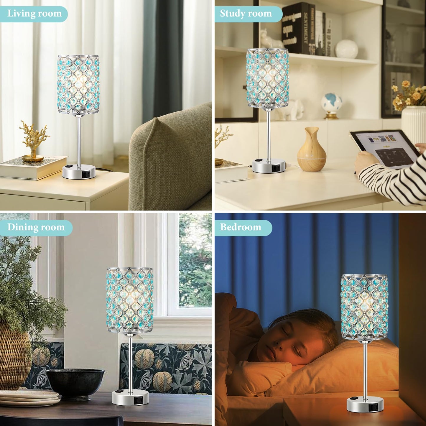 Hong-in Blue Lamps for Night Stands-Crystal Table Lamp with USB-C+A & AC Charging Ports, 3-Way Dimmable Nightstand Touch Lamp, Bedside Desk lamp for Bedroom Living Room Home Office