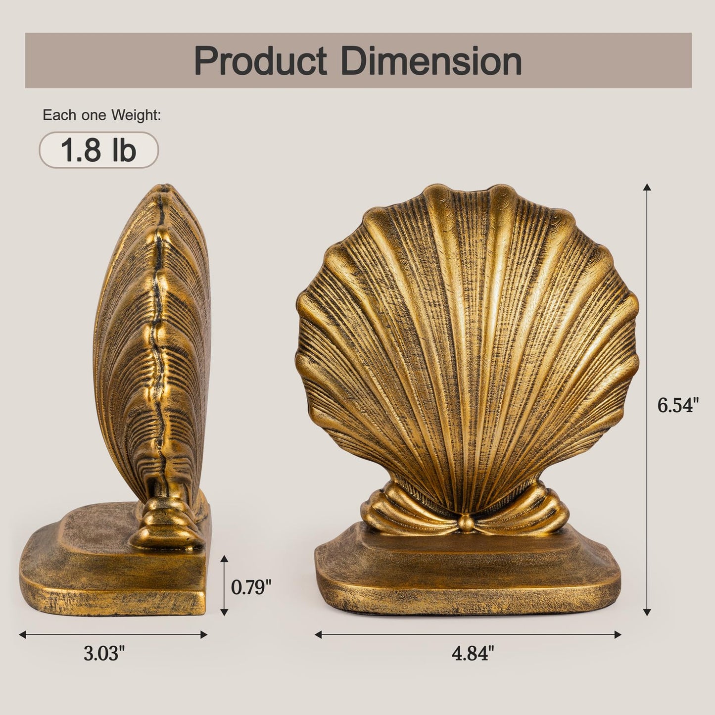 MXARLTR Decorative Shell Bookends, Coastal Nautical Book Ends for Shelves Desk, Resin Seashell Book Ends for Home Office Living Room Beach Decor (Gold)