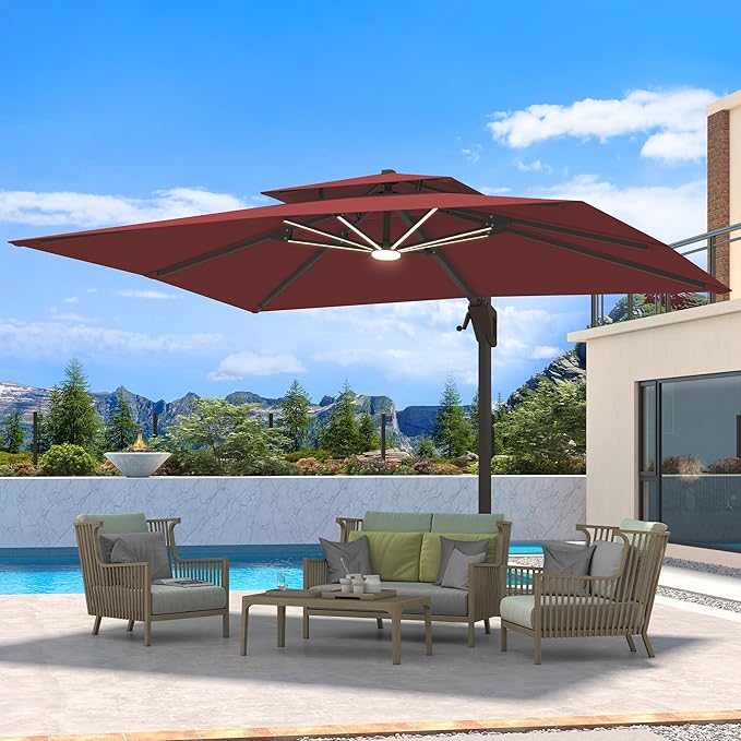 10 X 13 FT Cantilever Patio Umbrella with LED Lights Outdoor Heavy Duty Double Top Windproof Rectangle Offset Umbrellas with 360-degree Rotation for Pool Deck Backyard, Wine Red