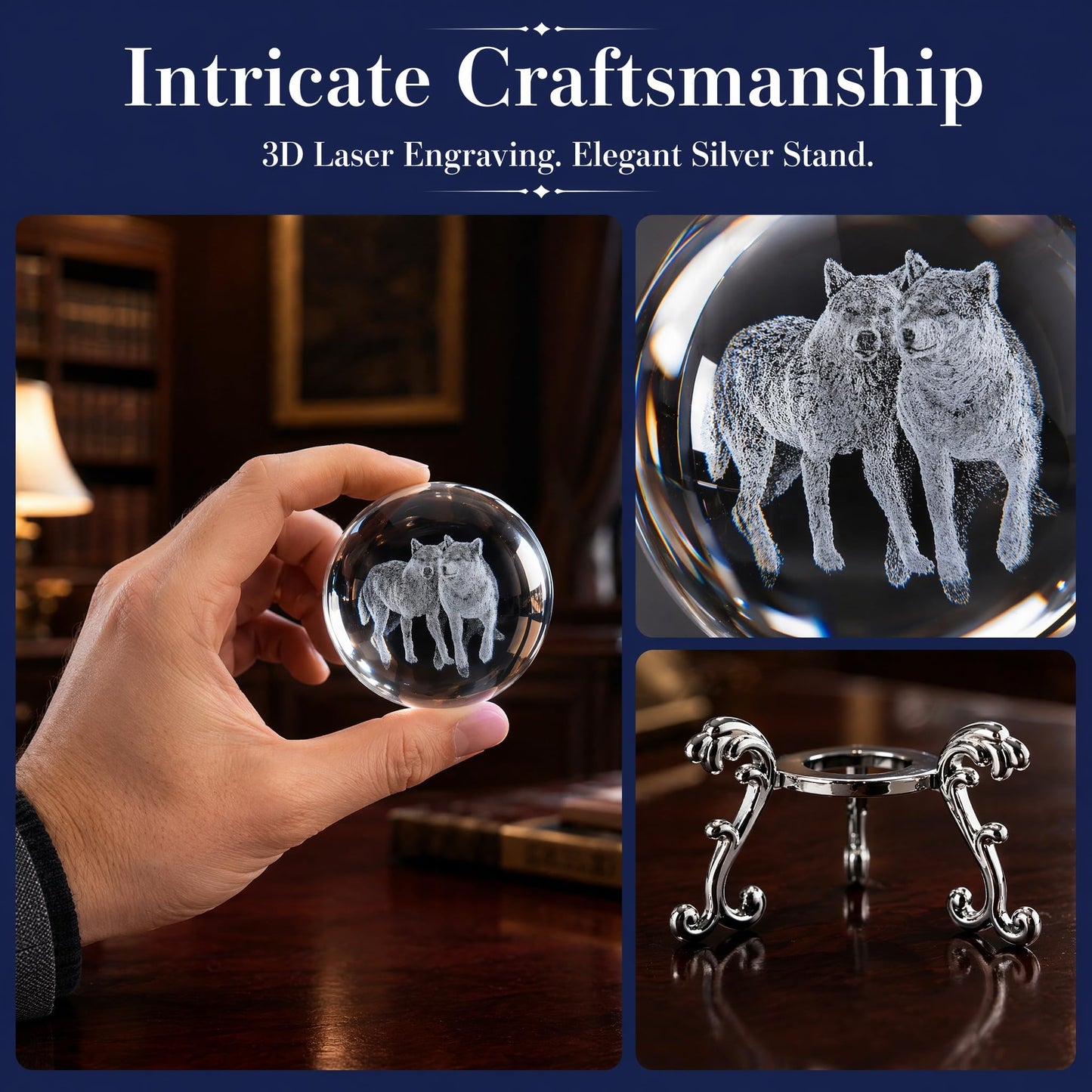 vskikris 2 Pcs 3D Wolves Crystal Balls with Silver Stand