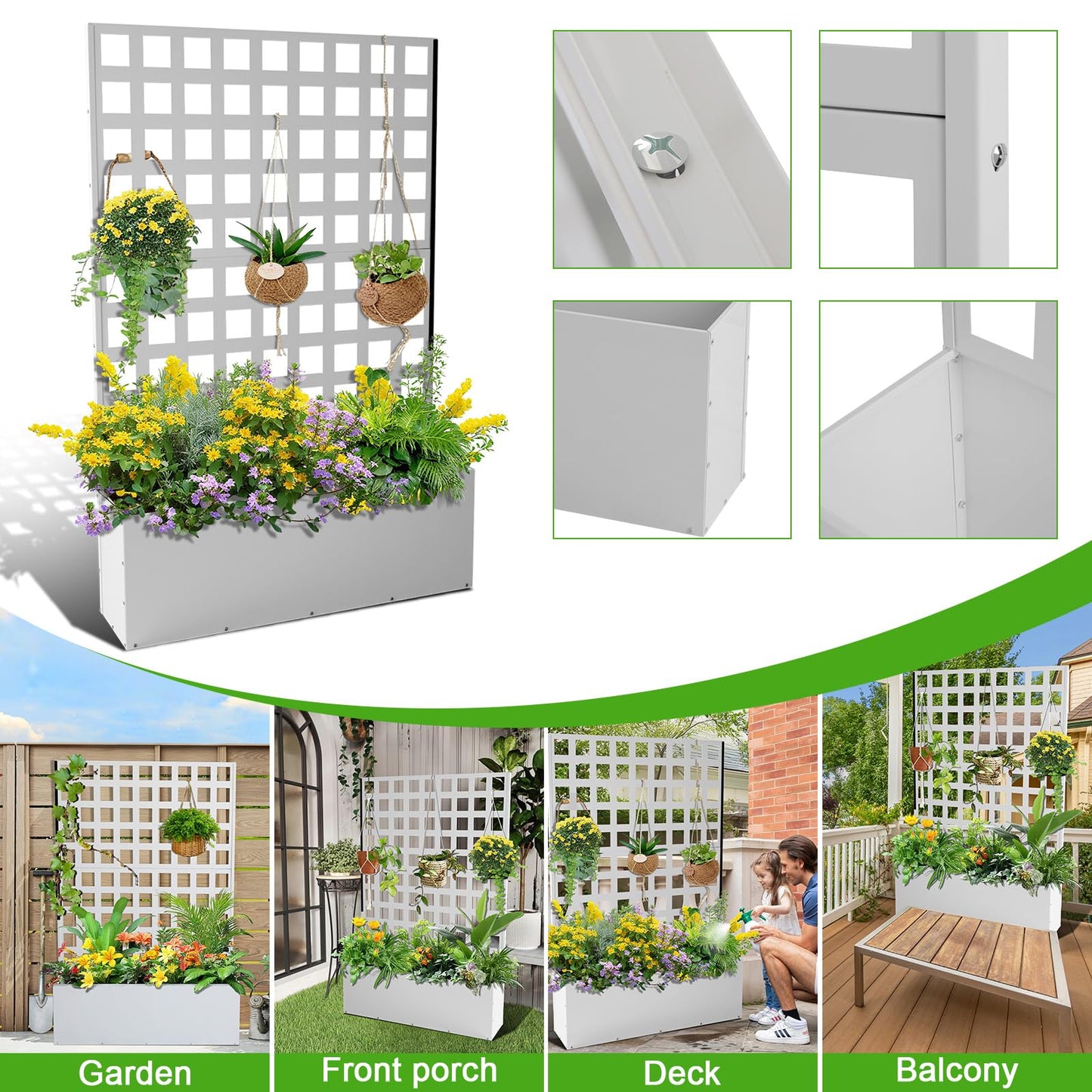 Metal Planter Box with Trellis, Outdoor Galvanized Raised Garden Bed with Privacy Screen & Drainage Holes & Lockable Casters for Climbing Plants, Vegetable