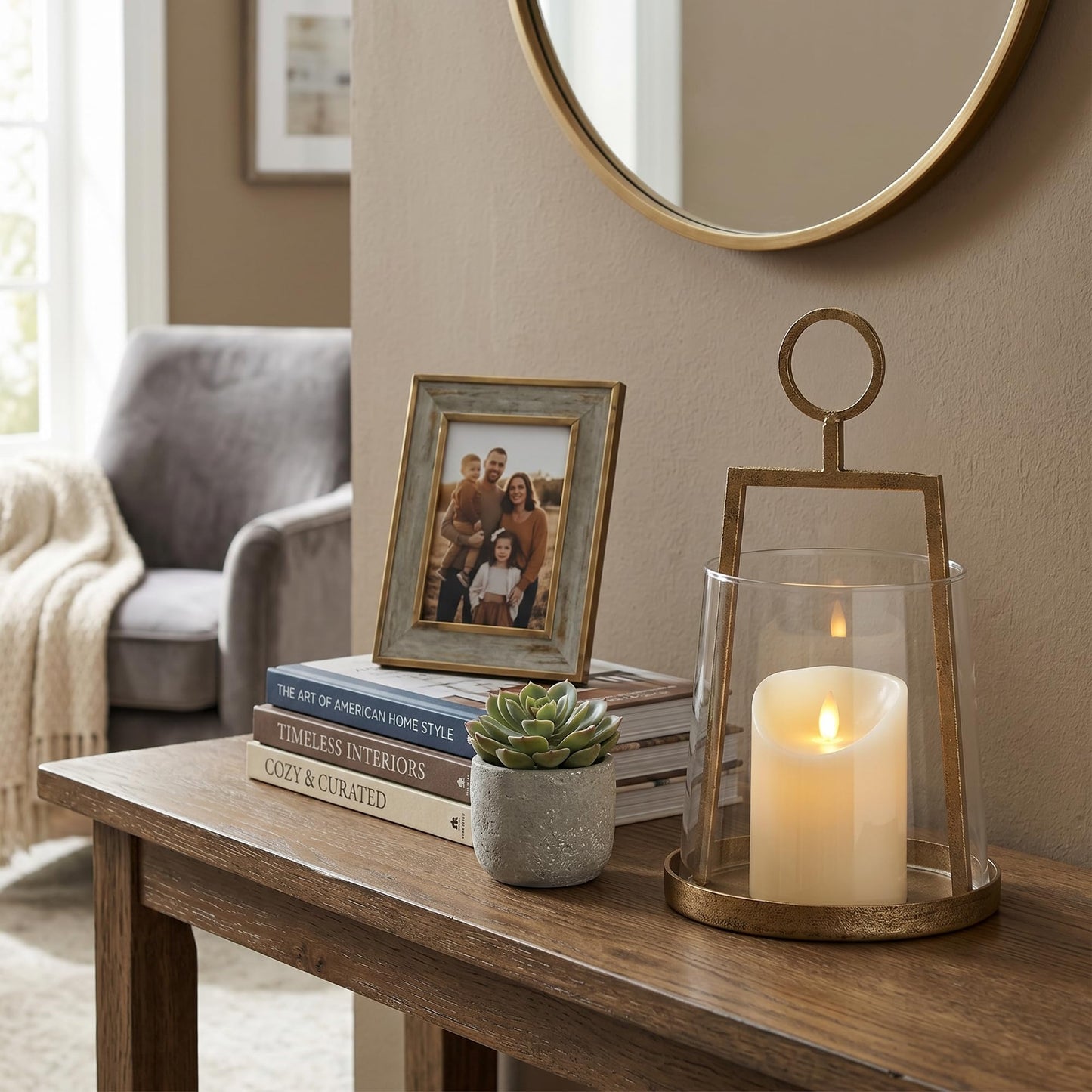 Modern Farmhouse Hurricane Candle Holder, Antique Brass Metal Centerpiece with Sturdy Glass Sleeve, Tabletop Geometric Lantern for Pillar Candles, Plants & Home Decor (6" x 10")