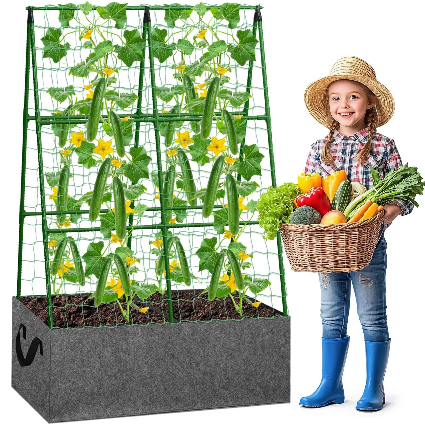 Cucumber Trellis with Grow Bag, 50 x 36 Inches Reusable Garden Vegetable Trellis with Fabric Raised Bed, Climbing Net and Plant Support Clips for Greenhouse Climbing Plants