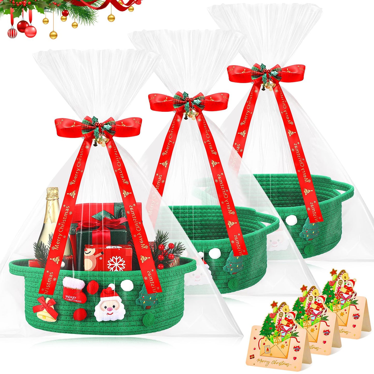 Funnymoom 3 Set Christmas Gift Basket Empty Small Woven Basket with Gift Bag Bow Ribbon Xmas Card 12" x 8" x 5" Cotton Rope Storage Bin with Handle for Christmas Holiday Decoration(Green,Classic)