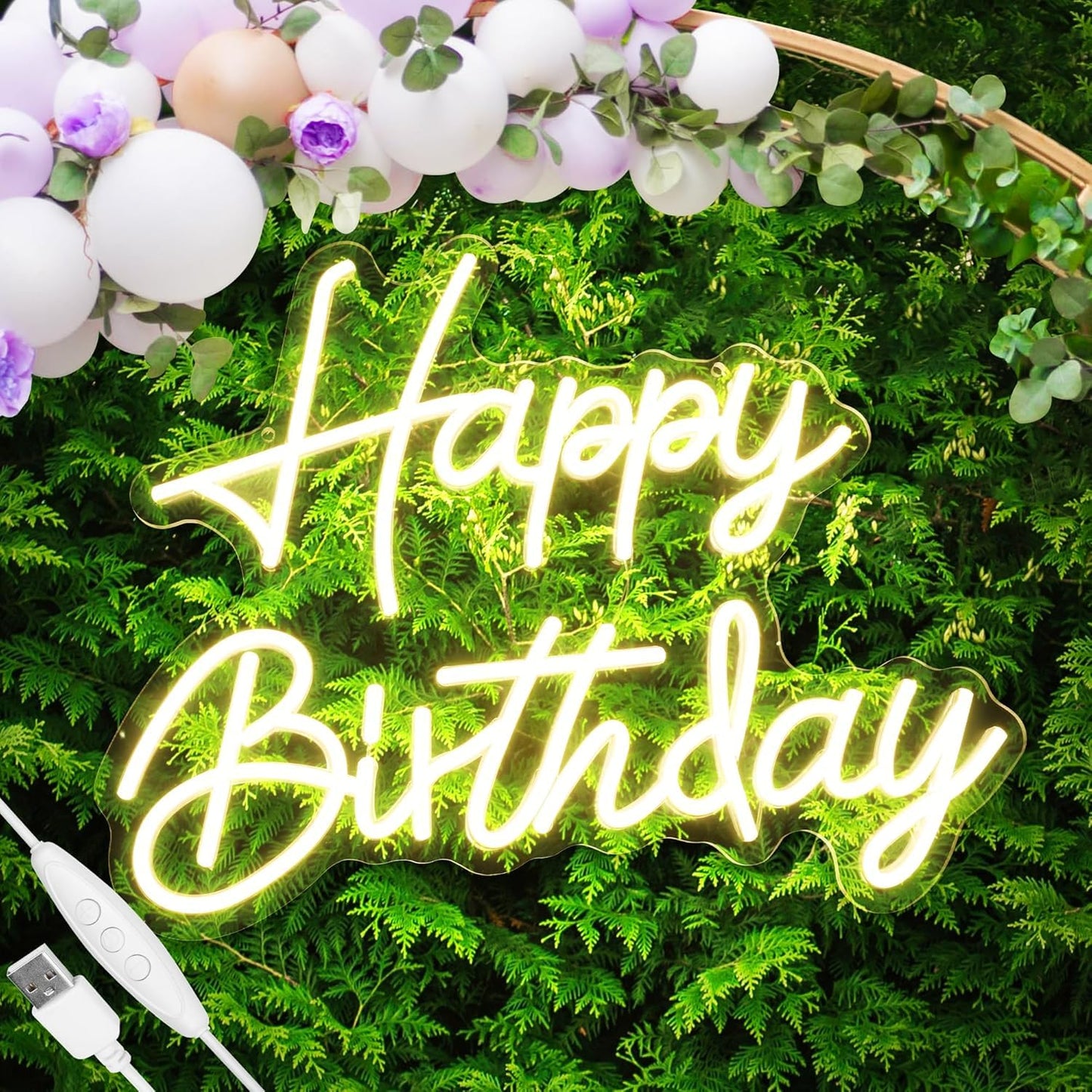 Happy Birthday Neon Sign, Cool Dimmable Light Up USB Powered LED Cute Neon Sign Light Warm White Hanging for Backdrop Wall Decor Child Girl's Bedroom Living Room Birthday Party Gift (Warm White)