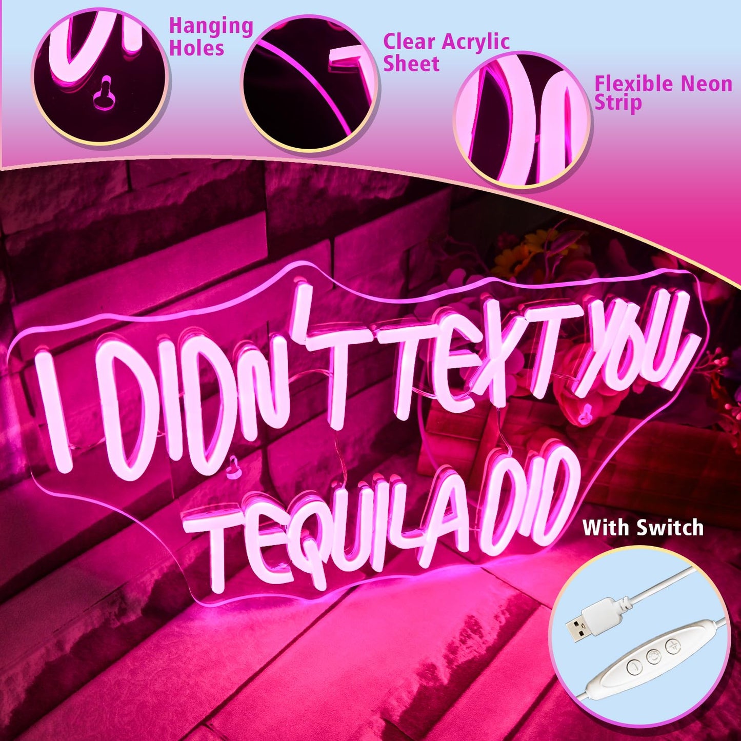 VVYXX I Didn't Text You, Tequila Did Neon Sign for Wall Decor,Neon Light for Bedroom Bar Man Cave Business Bar Decoration