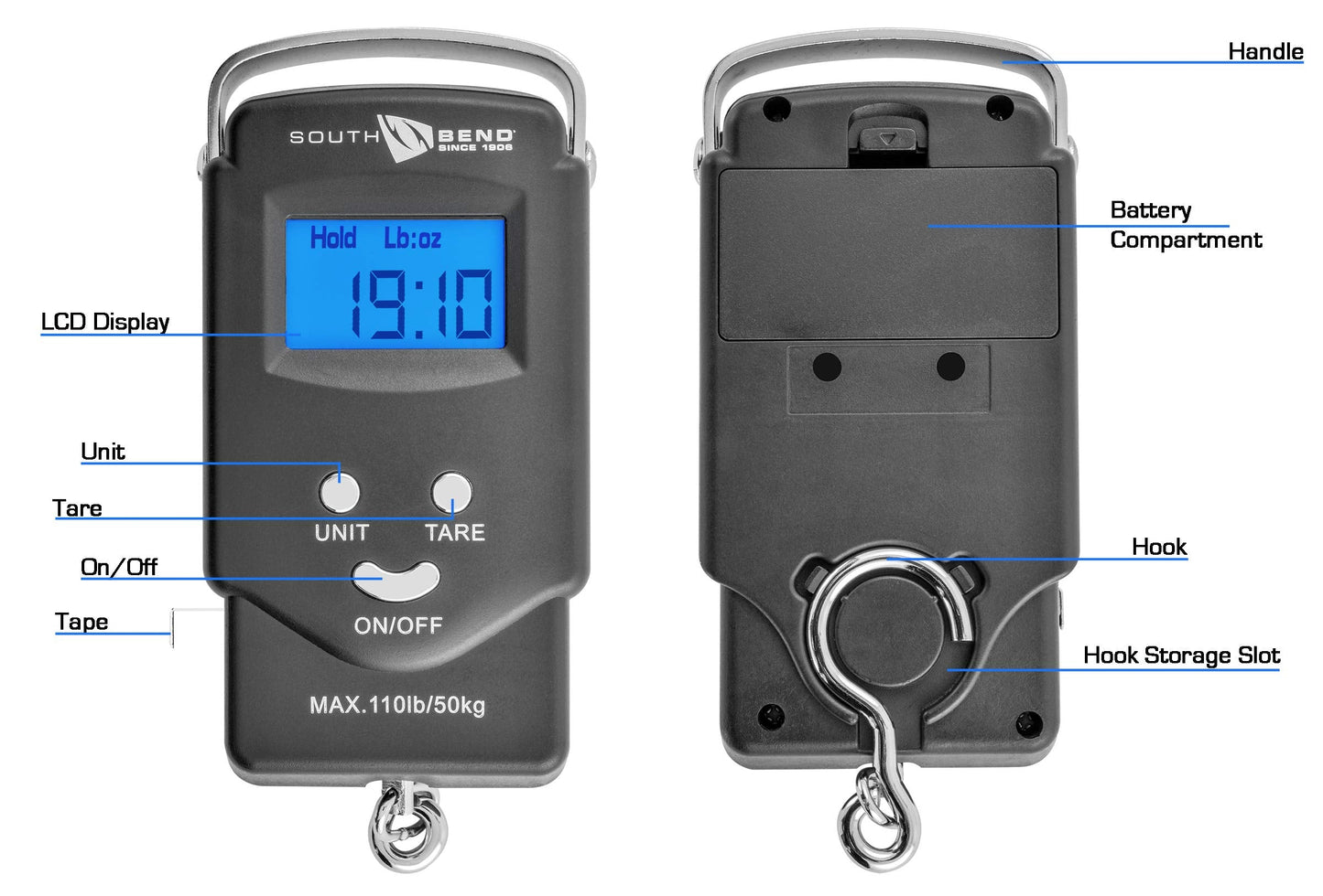 South Bend Digital Hanging Fishing Scale and Tape Measure with Backlit LCD Display, 110lb/50kg Weight Capacity (Batteries Included)