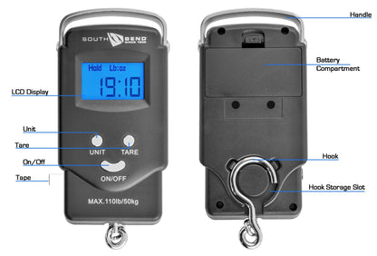 South Bend Digital Hanging Fishing Scale and Tape Measure with Backlit LCD Display, 110lb/50kg Weight Capacity (Batteries Included)