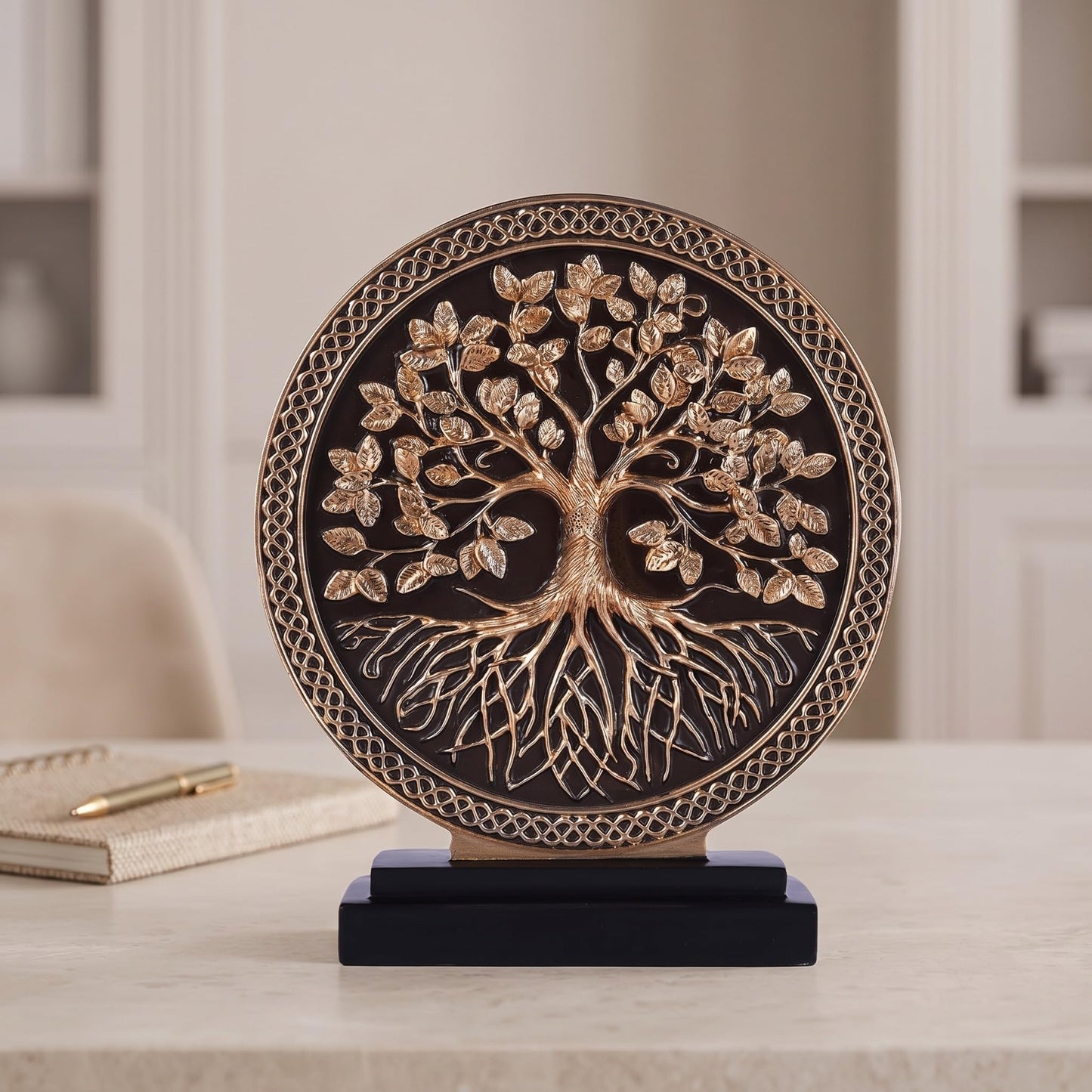 WUBIANJIE Tree of Life Statue Resin Sculpture for Home Decor, Hand Painted Tree Sculpture with Round Relief Design, Decorative Figurine for Living Room Shelf Tabletop Entryway Office