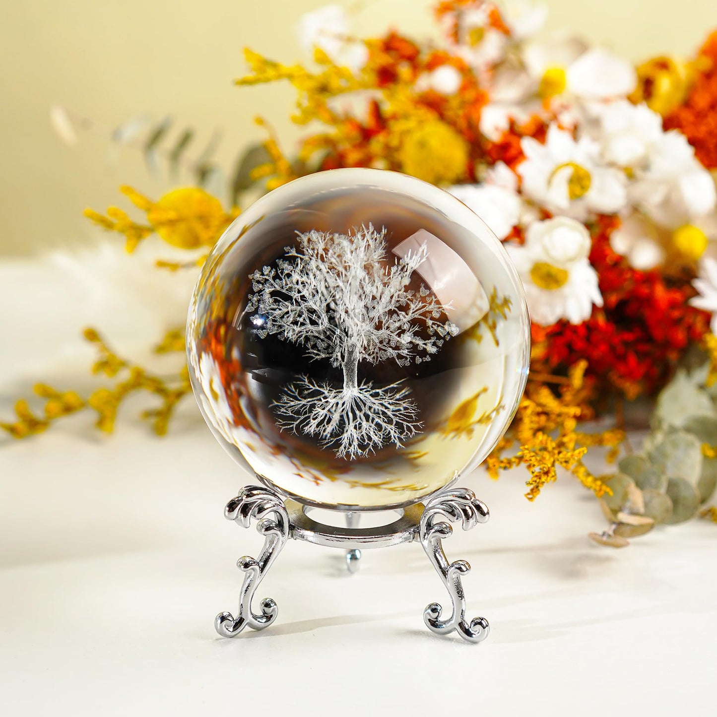 H&D Hyaline & Dora 70mm Tree of Life Clear Crystal Ball with Stand, K9 Glass Decorative Crystal Ball, 3D Laser Fengshui Home Decoration