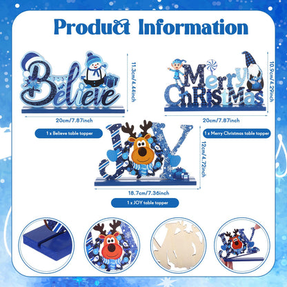 Blulu 3 Pcs Christmas Decorations Indoor Centerpieces for Tables Tabletop Wooden Signs Farmhouse Centerpieces Xmas Snowman Santa Claus Gnome Signs Merry Christmas for Xmas Holiday Party Decor(Blue)