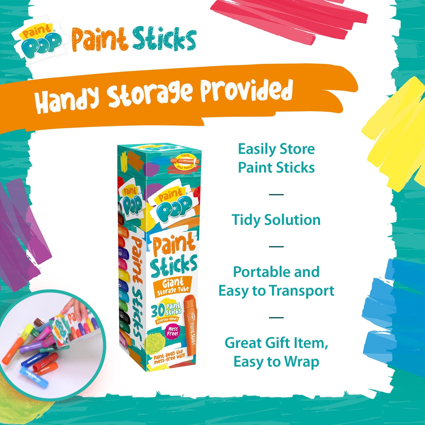 Paint Pop Paint Sticks For Kids - 30 Pack Assorted Colours & Giant Storage Tube - Twist & Paint, Mess-Free, Fast Drying Action, Easy Clean Up, Vibrant Colours, Multi-Surface,0.5 Liters