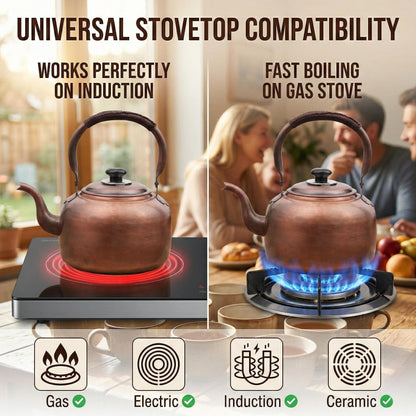 wloadry Copper Whistling Tea Kettle, Large Capacity with Cool-Touch Rope Handle,thicker Solid Copper Pot for Induction, Gas, Electric Stovetops, Fast Boiling Vintage Tea Maker (Bronze, 3.2 QT)