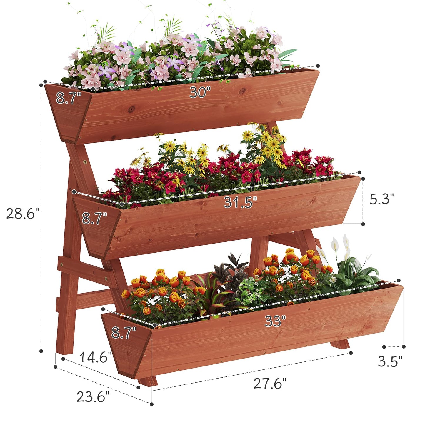 Kitsanery 3-Tiers Wooden Raised Garden Bed,Wood Planter Box for Vegetable,Flower Rack,Flower Pot Stands,Indoor Outdoor Gardening Planting Beds (Brick red, Large)