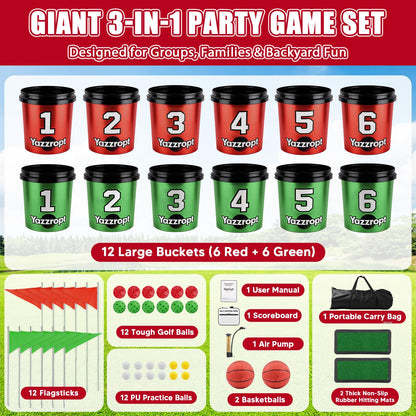 Yazzropt Giant 3-in-1 Outdoor Backyard Party Game Set – Bucket Golf, Yard Pong Basketball & Toss Games – Large Outdoor/Indoor Lawn Games for Adults & Families, Beach & Camping