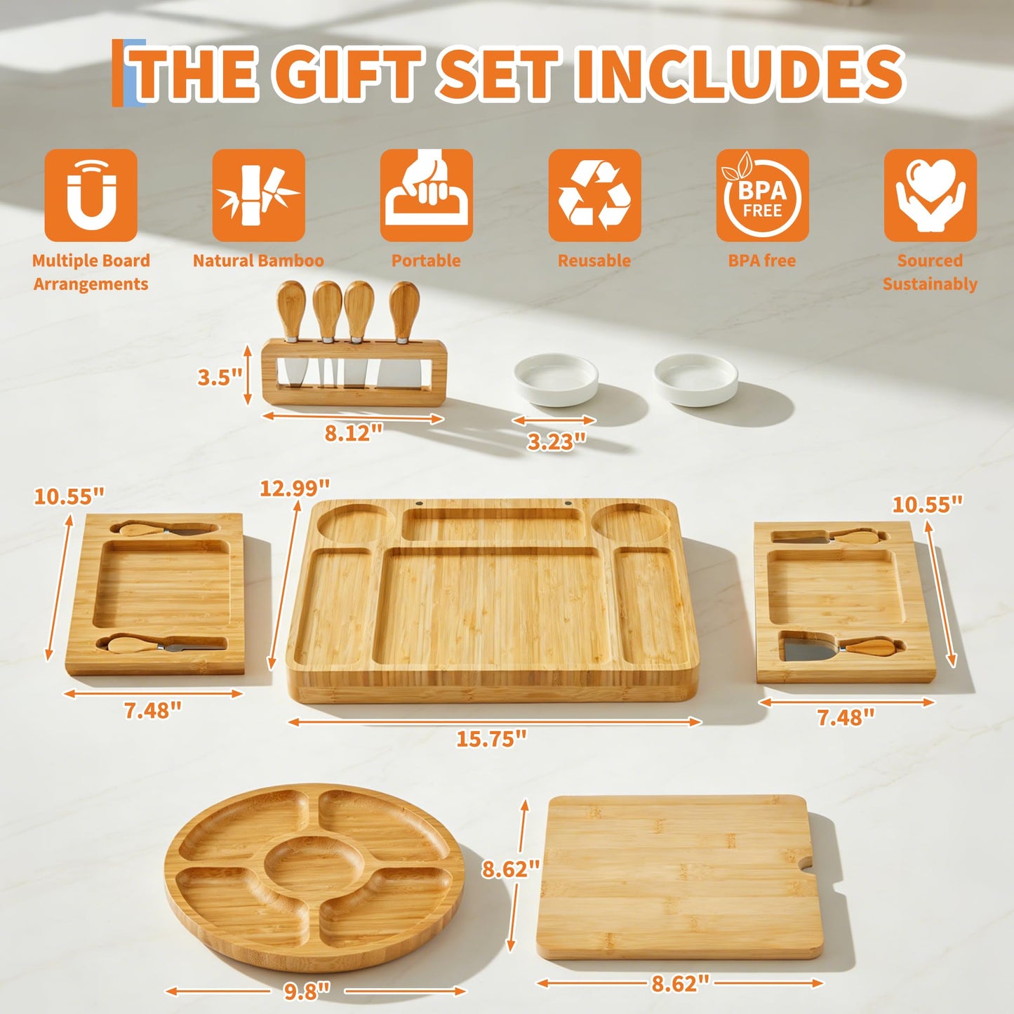 Bamboo Charcuterie Boards Gift Set, Large Cheese Board with Knives for Serving Meat & Cheese Platter, House Warming Gifts New Home, Wedding Gift for Couple, Bridal Shower, Birthday Gift for Women