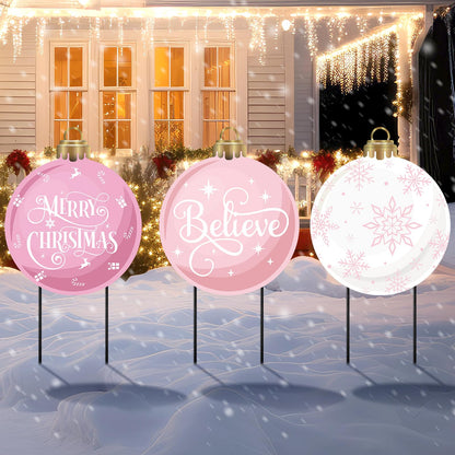 MorningRo 3 Pcs Pink Christmas Balls Yard Signs 20'' H Metal Outdoor Waterproof Xmas Yard Sign Stake with Snowflake Believe Merry Christmas Design for Porch Patio Lawn Garden Pathway Holiday Decor