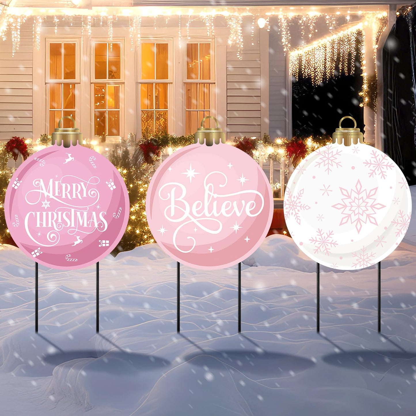 MorningRo 3 Pcs Pink Christmas Balls Yard Signs 20'' H Metal Outdoor Waterproof Xmas Yard Sign Stake with Snowflake Believe Merry Christmas Design for Porch Patio Lawn Garden Pathway Holiday Decor