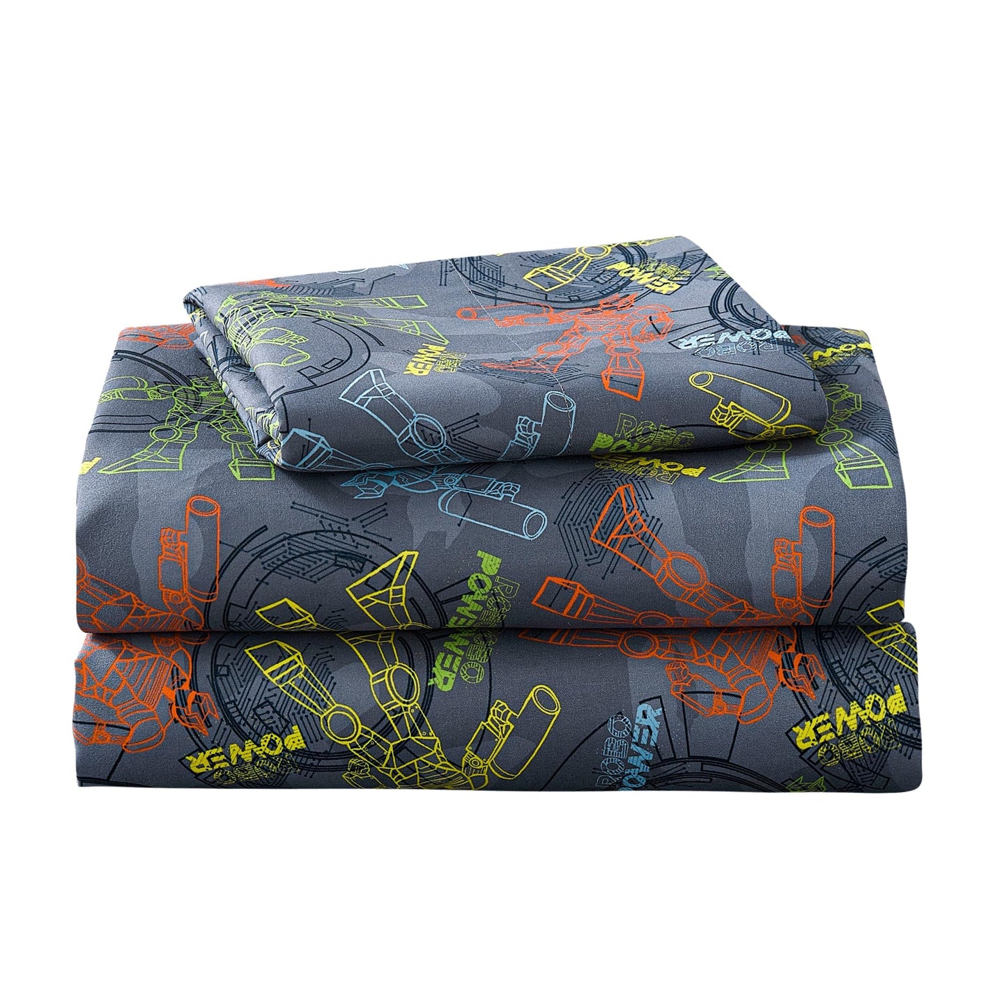 Softan Kids Bed Sheet Set, 4-Piece Full Size Sheets, Microfiber Fitted Sheet with 15 Inches Deep Pocket and Corner Straps, Breathable & Silky Soft Linear Robot Printed Sheet and Pillowcase Sets
