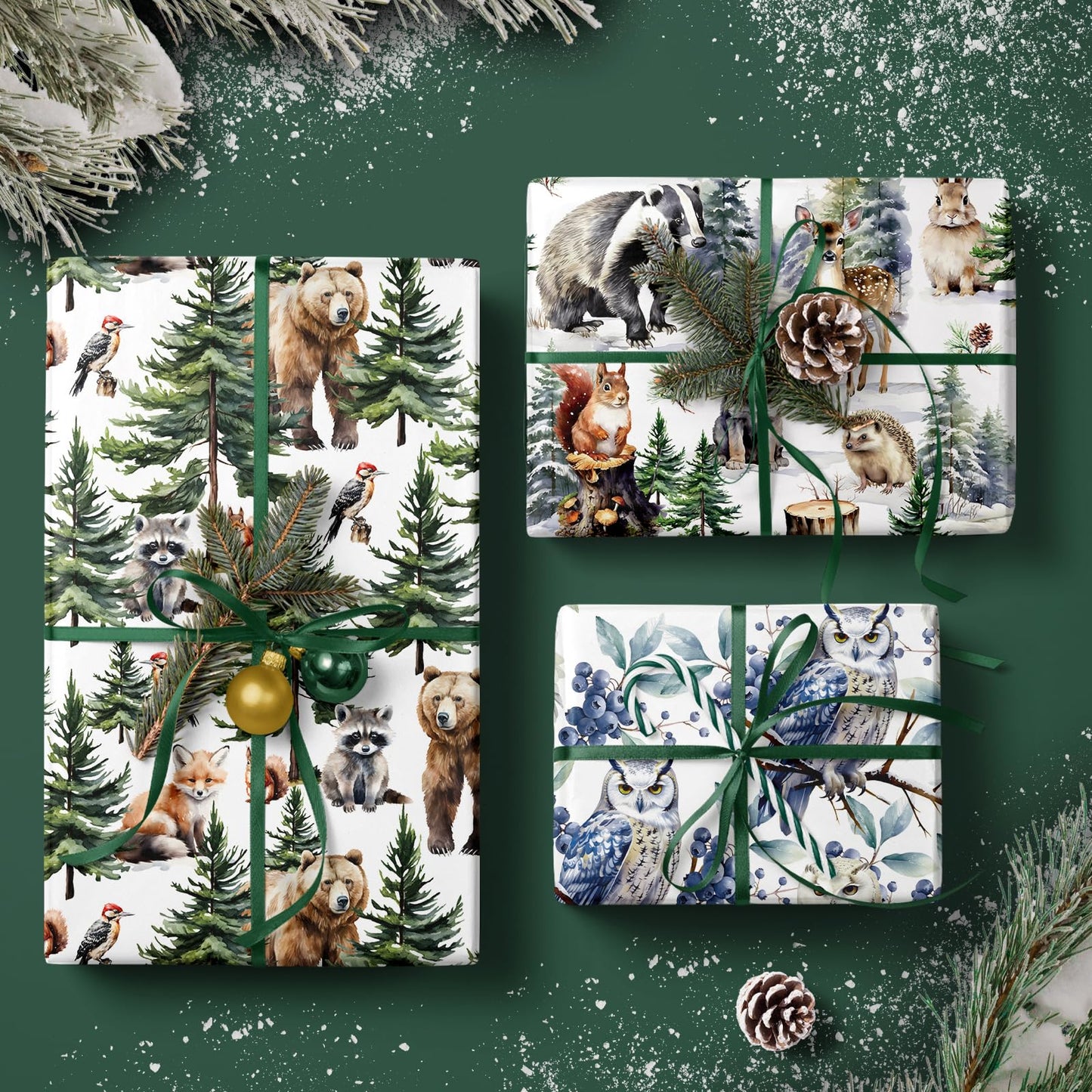 WRAPAHOLIC Kraft Christmas Wrapping Paper Roll - Mini Roll - 3 Rolls - 17 Inch x 120 Inch Per Roll - White Wild Animals Winterfall Watercolor Holiday Collection